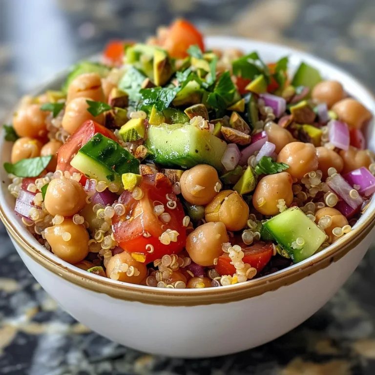 Close-up view of a colorful chickpea quinoa salad in a bowl, featuring fresh vegetables and creamy tahini.
