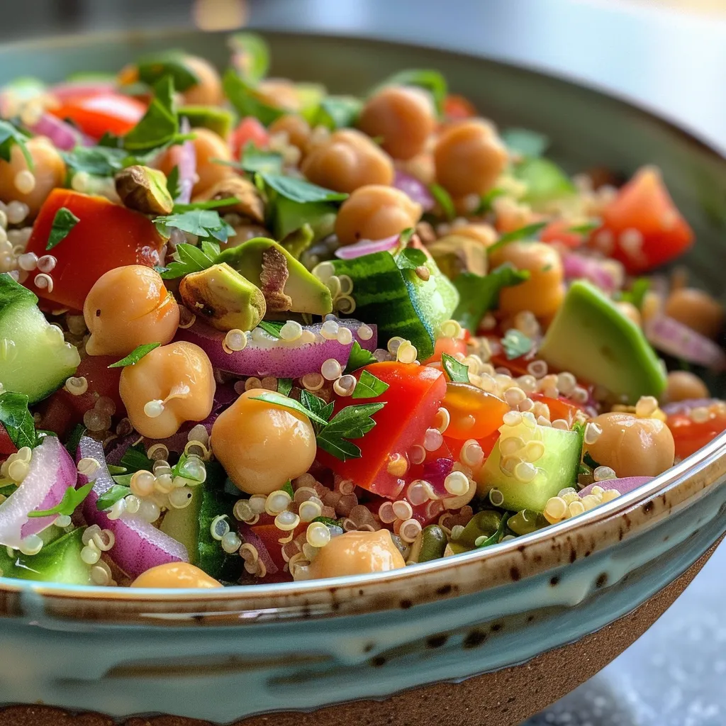 Side angle of a vibrant chickpea quinoa salad with ingredients like avocado, cucumber, and roasted pistachios visible.