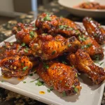 Detailed shot of chicken wings with a rich honey glaze and spices.