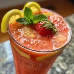 A close-up side view of a glass filled with frozen strawberry lemonade, garnished with mint leaves.