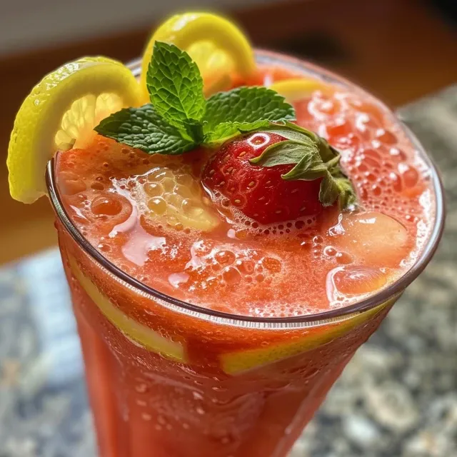 A Sip of Summer Crafting Frozen Strawberry Lemonade Bliss A close-up side view of a glass filled with frozen strawberry lemonade, garnished with mint leaves.