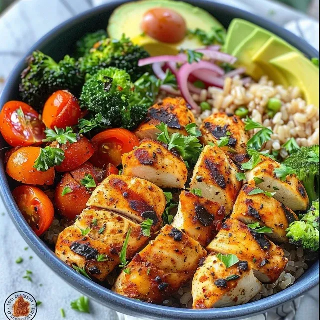A Flavorful Voyage Discover the Grilled Chicken Veggie Bowl That Travels the World Close-up view of a grilled chicken and veggie bowl featuring vibrant vegetables and quinoa.