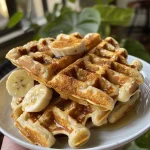 Close-up view of golden brown flourless banana oat waffles stacked on a plate.