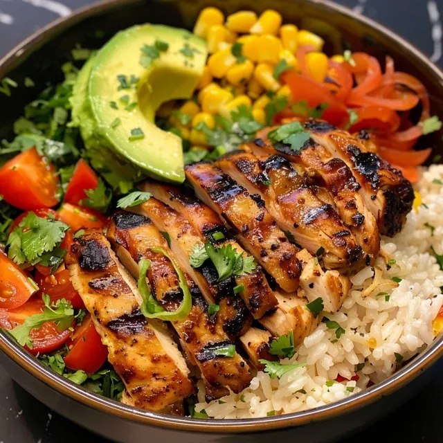 A Journey in a Bowl Grilled Chicken Meets Summer Freshness Close-up of a grilled chicken summer rice bowl with vibrant toppings.