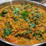 Close-up view of vibrant lentil and spinach curry in a bowl.