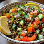 Close-up view of a colorful Mediterranean lentil salad in a bowl.