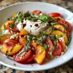 Close-up view of a vibrant Heirloom Tomato and Burrata Caprese salad with sliced peaches.