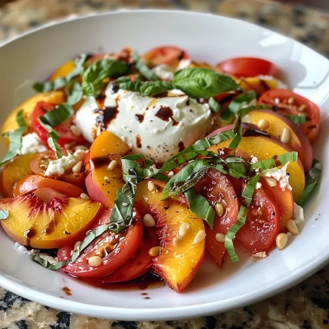 A Summer Symphony Heirloom Tomatoes and Peaches in Perfect Harmony Close-up view of a vibrant Heirloom Tomato and Burrata Caprese salad with sliced peaches.