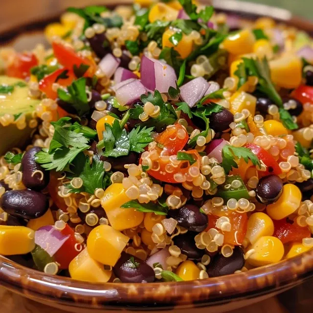 A Wholesome Journey Discovering Flavor in Every Bite of Quinoa Salad Close-up view of a vibrant Sweet Corn and Black Bean Quinoa Salad in a bowl.