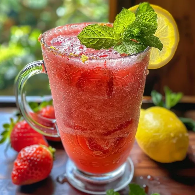 A refreshing glass of frozen strawberry lemonade with ice cubes and lemon zest, served on a wooden table.