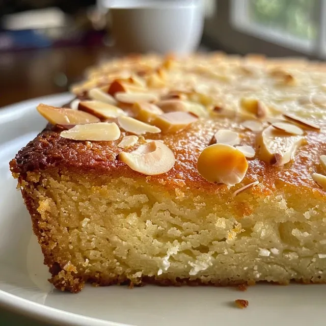 Side view of a delicious almond vanilla cake, showcasing its texture and almond garnish.