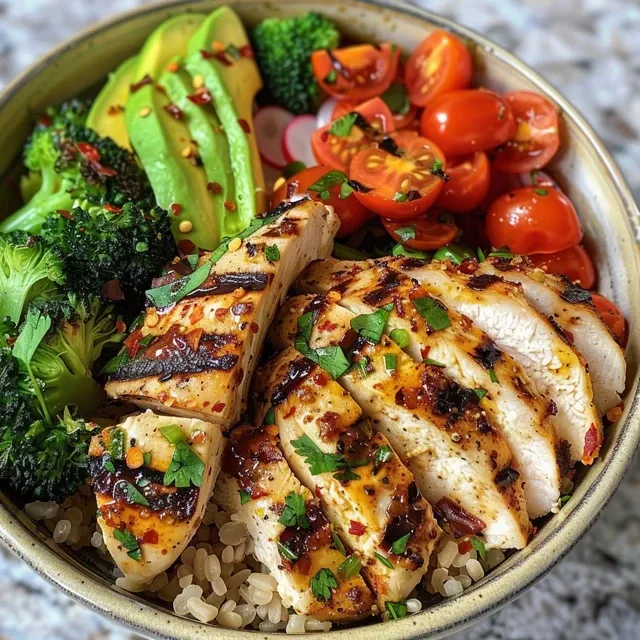 A side shot of a colorful bowl filled with grilled chicken, bell peppers, zucchini, and broccoli.