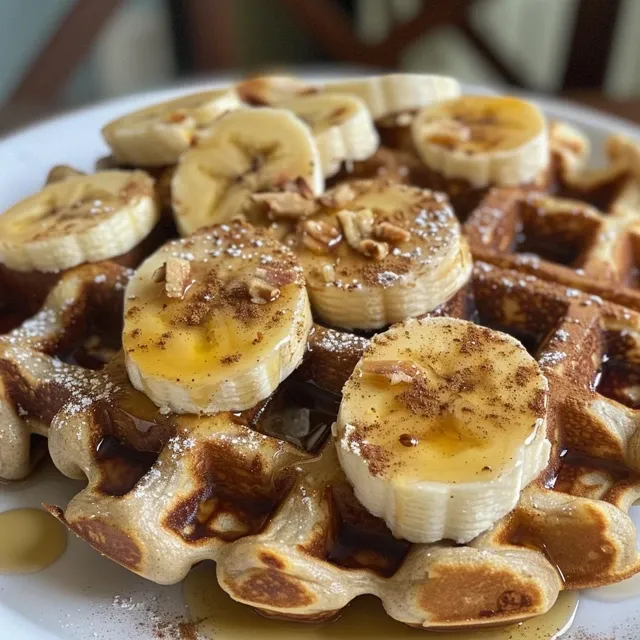 Side view of delicious flourless banana oat waffles topped with fresh fruit.