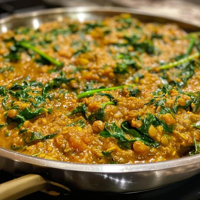 Side view of a delicious-looking curry featuring lentils and spinach.