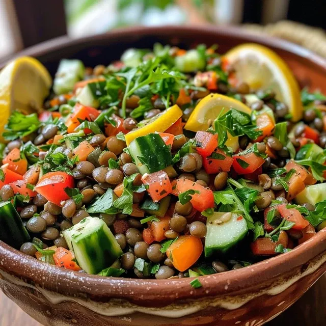 Side view of a vibrant Mediterranean lentil salad featuring fresh vegetables.