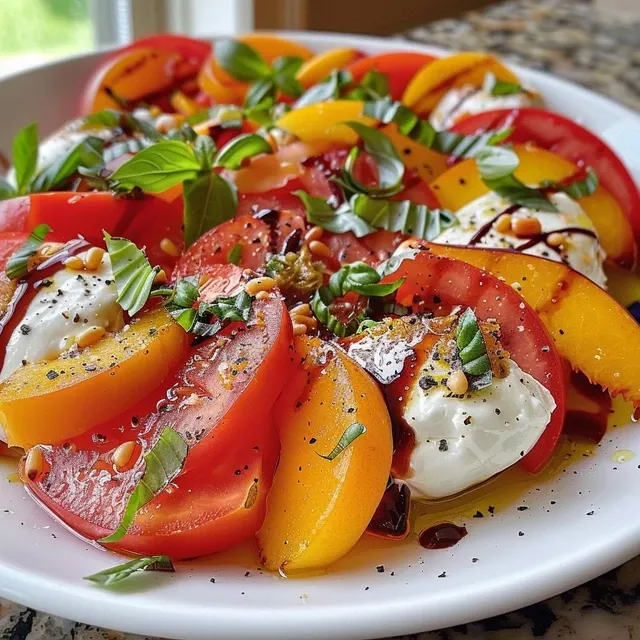 Side view of a colorful Caprese dish featuring heirloom tomatoes, burrata, and fresh peach slices.