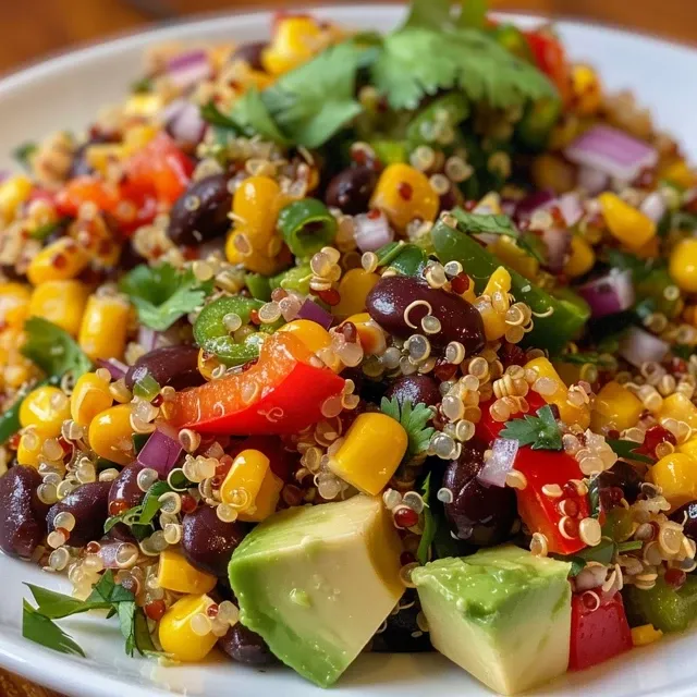 Colorful Sweet Corn and Black Bean Quinoa Salad with fresh ingredients arranged in a side view.