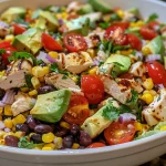 Close-up image of a vibrant 7-layer street corn chicken salad with colorful ingredients.