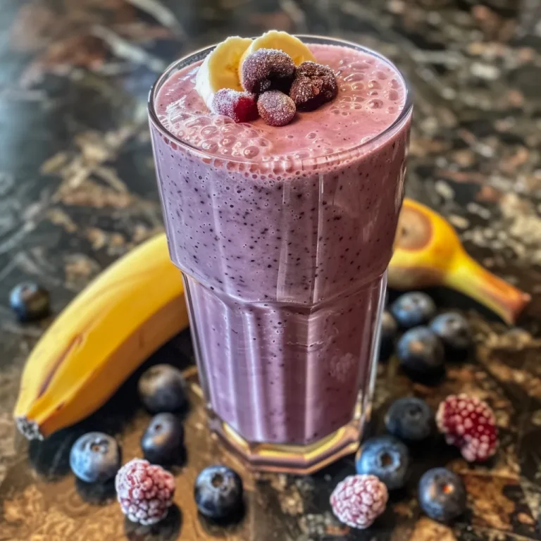 A Berry Bliss The Smoothie That Took Me on a Flavor Adventure A close-up view of a colorful berry smoothie in a glass, showcasing vibrant blueberries and mixed berries.