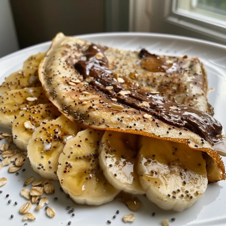 Crepes of Adventure Discovering Sweet Harmony in Every Bite Close-up of a plate of Almond Oat Banana Crepes topped with sliced bananas and melted chocolate.