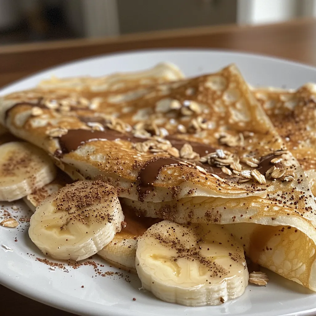 Side view of delicious crepes filled with almond meal and oats, garnished with bananas and Nutella.