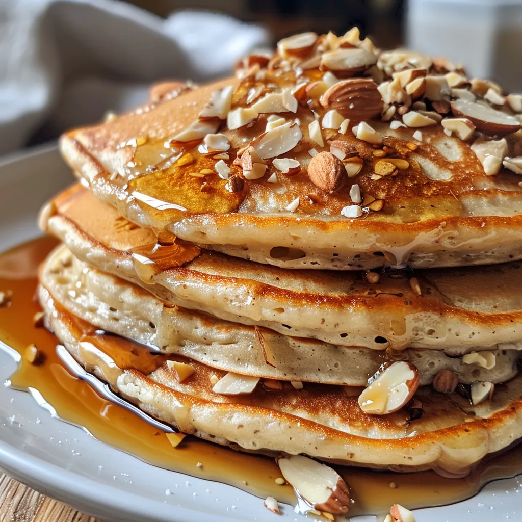 Side view of stacked almond pancakes drizzled with maple syrup and a dollop of almond butter.