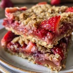 Close-up of a sliced Amish Strawberry Oatmeal Bar with crumb topping, showcasing vibrant strawberries.