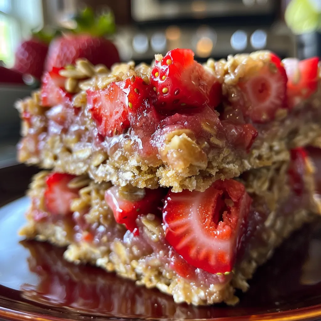 Side view of Amish Strawberry Oatmeal Bars, with a golden crumb topping and fresh strawberries.