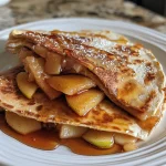 Close-up view of a golden-brown apple cinnamon breakfast quesadilla filled with melted cheese and diced apples.
