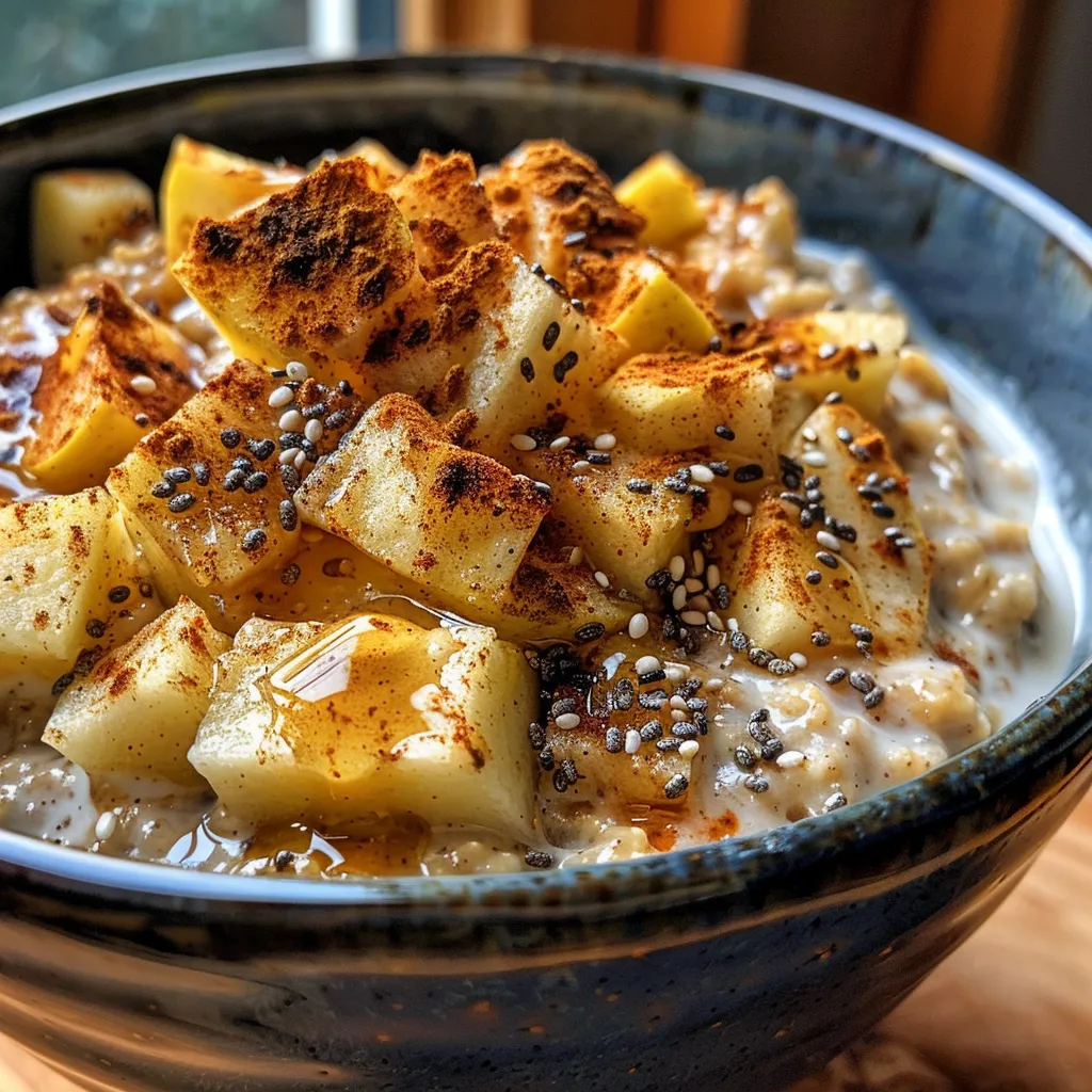 Side view of a delicious serving of apple cinnamon oats topped with chopped apples.