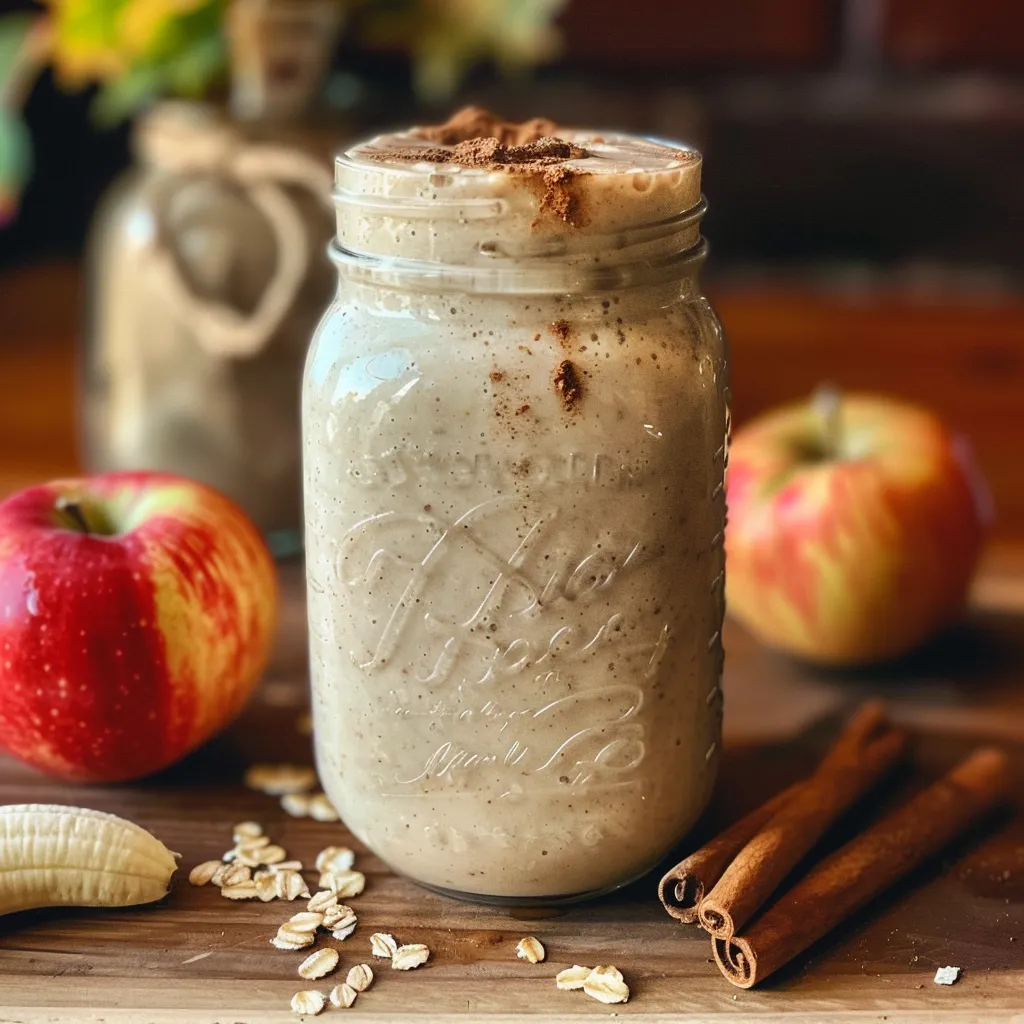 Side view of a delicious apple cinnamon smoothie, showcasing its thick texture and vibrant color.