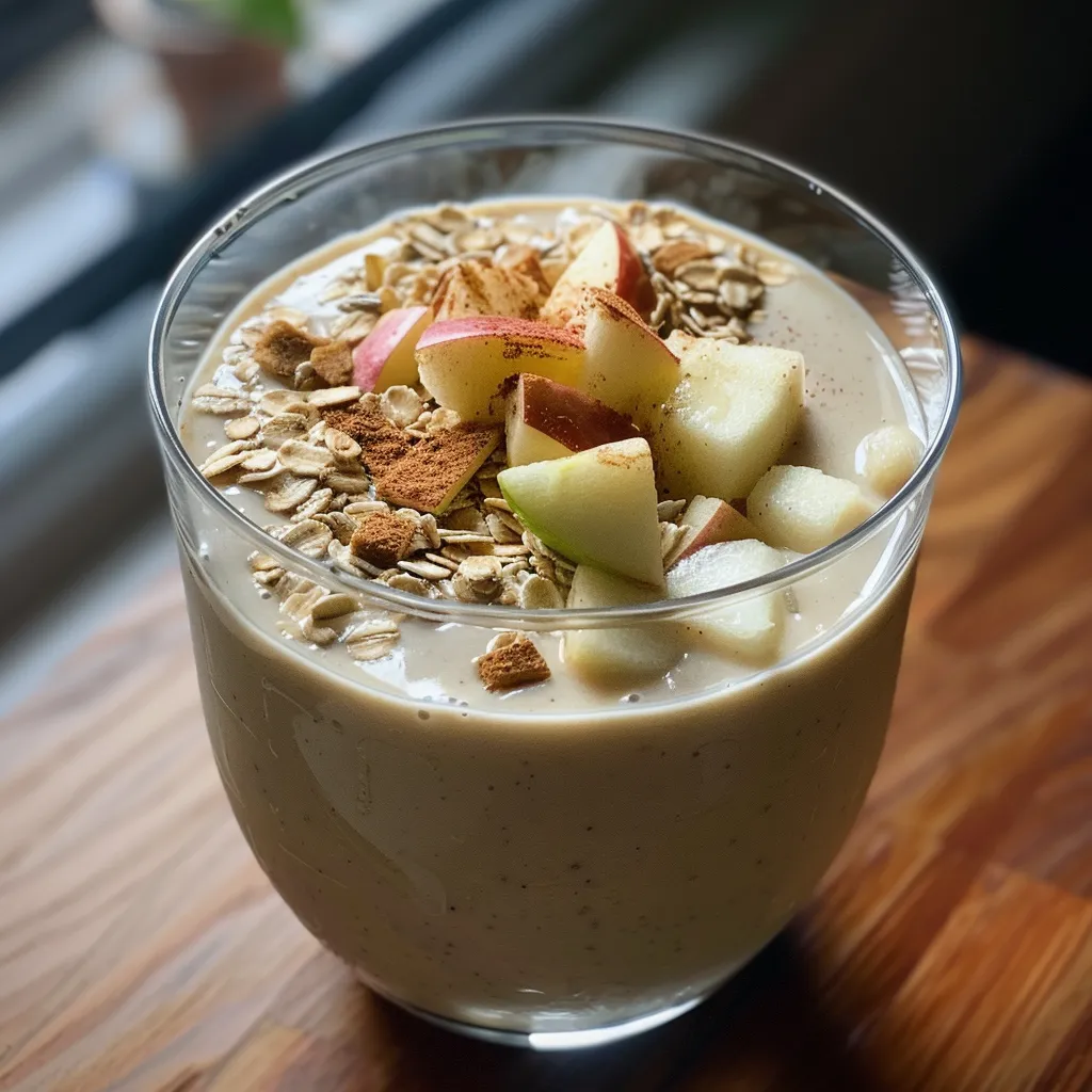 Close-up of a vibrant Apple Crisp Smoothie showcasing apple chunks and a dusting of cinnamon on top.
