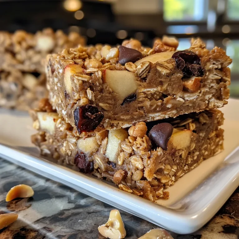 Side view of a plate filled with freshly baked apple oatmeal bars.