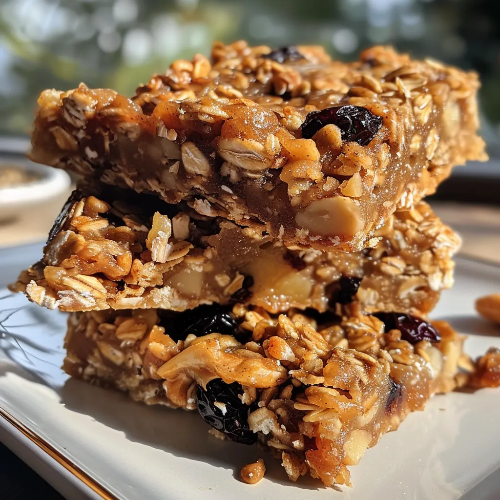 Close-up of golden apple oatmeal bars with chocolate chips and nuts.