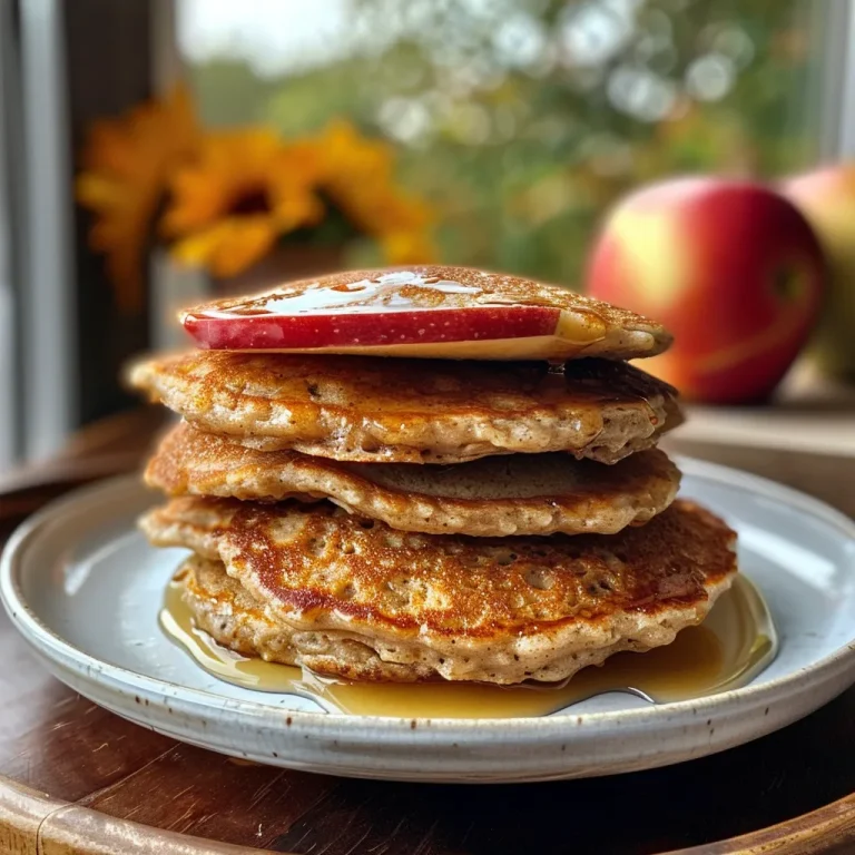 Whisking Together Memories Apple Oatmeal Pancakes from My Favorite Morning Adventures Close-up of golden-brown Apple Oatmeal Pancakes topped with sliced apples.