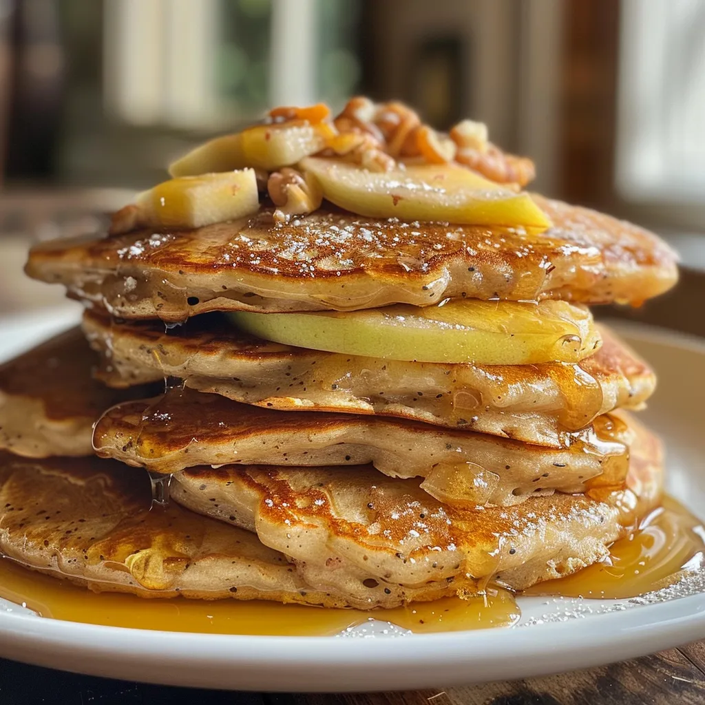 Side view of stacked Apple Oatmeal Pancakes with a dollop of yogurt and apple slices.