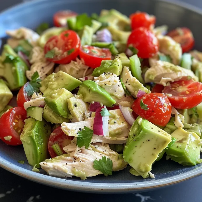 Close-up of a vibrant avocado chicken salad with diced chicken, avocados, and colorful vegetables.