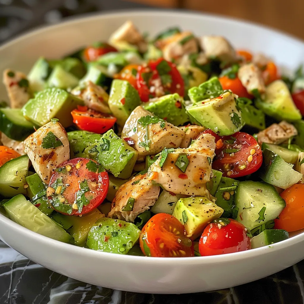 An appetizing close-up of a fresh Avocado Chicken Salad, featuring diced chicken and avocados with cherry tomatoes.