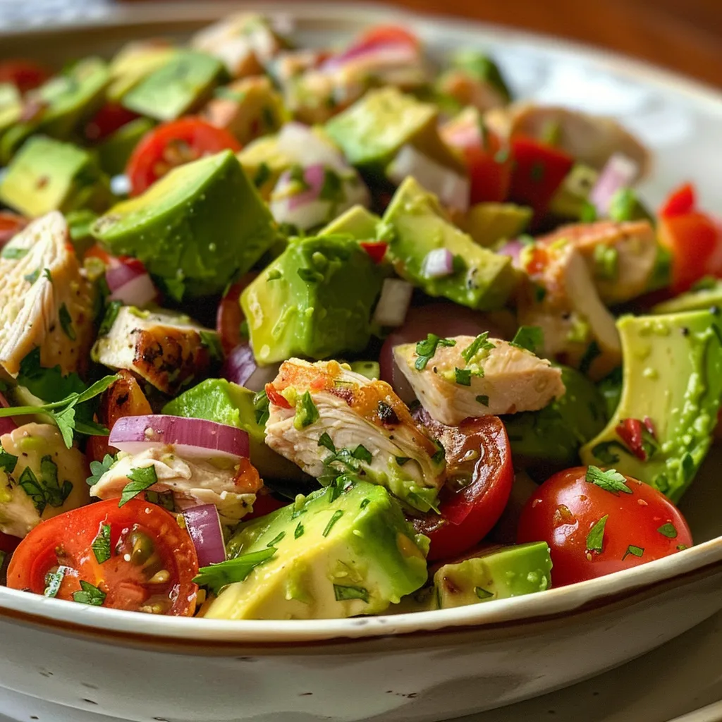 Side view of a creamy avocado chicken salad featuring cherry tomatoes and herbs, presented in a bowl.