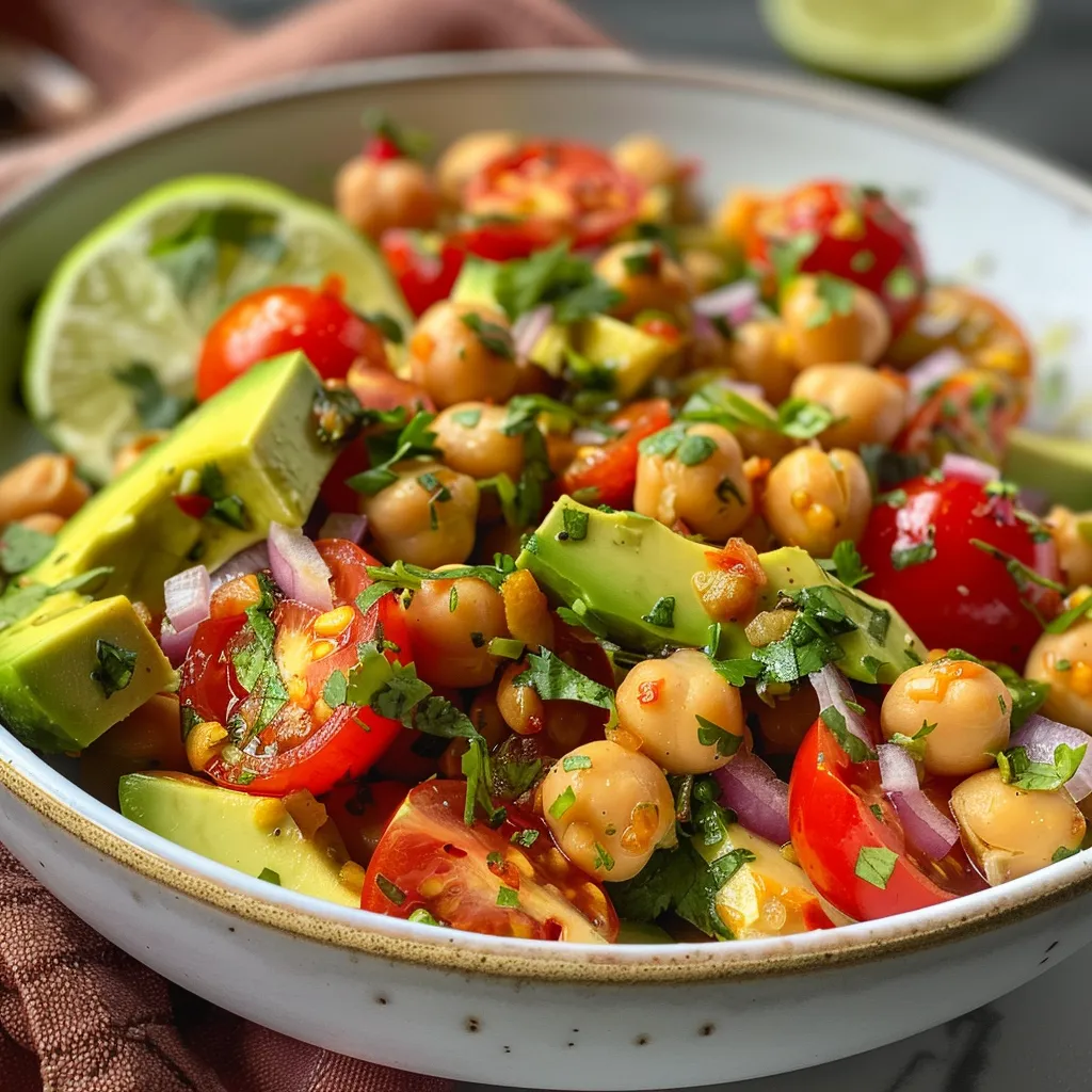 A vibrant close-up of an avocado chickpea tomato salad, showcasing fresh ingredients.