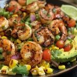 Juicy avocado corn salad topped with succulent grilled shrimp, colorful tomatoes, and herbs.