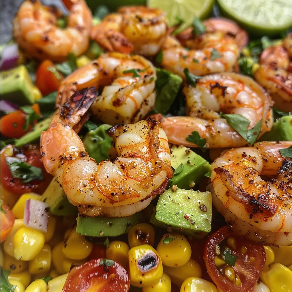 Fresh avocado corn salad featuring grilled shrimp, diced red onion, and vibrant cherry tomatoes.