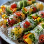 Close-up of avocado spring rolls with colorful ingredients visible.