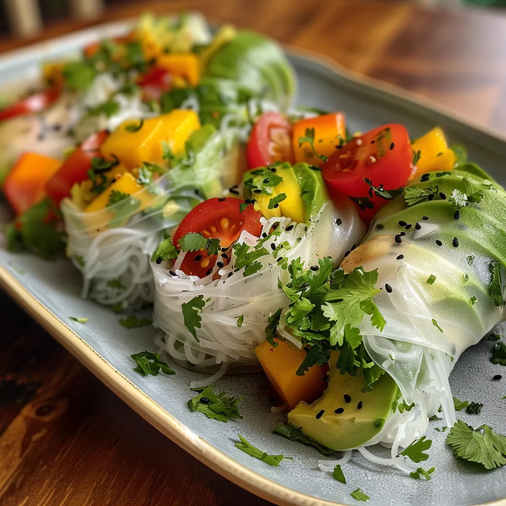 Side view of fresh avocado spring rolls filled with vibrant vegetables.