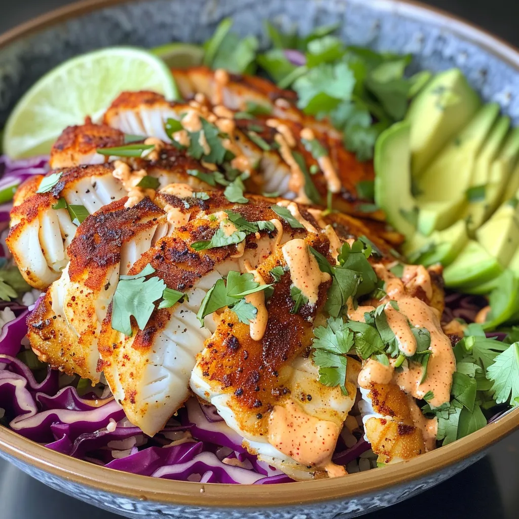 Side view of a vibrant Baja Fish Taco Bowl, showcasing fish fillets, slaw, and lime wedges.
