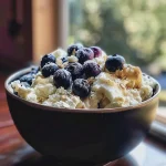 Close-up side view of a baked blueberry cottage cheese breakfast bowl topped with fresh blueberries.