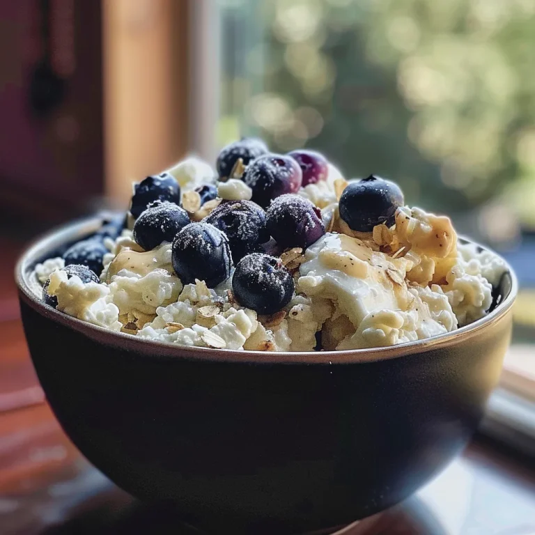 Close-up view of Baked Blueberry Cottage Cheese Breakfast Bowls with fresh blueberries.