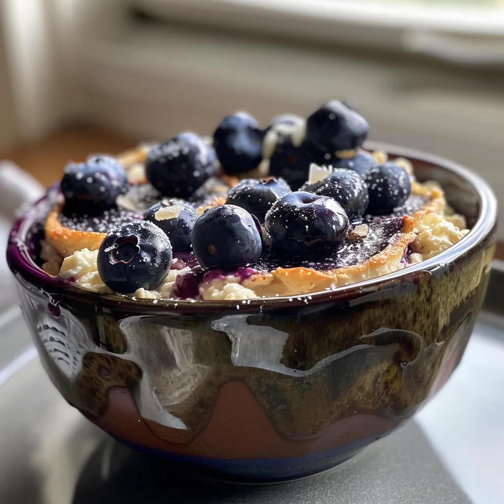 Side view of a colorful breakfast bowl filled with baked blueberries and cottage cheese.