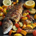 Close-up view of baked dorada with vegetables and tartar sauce.