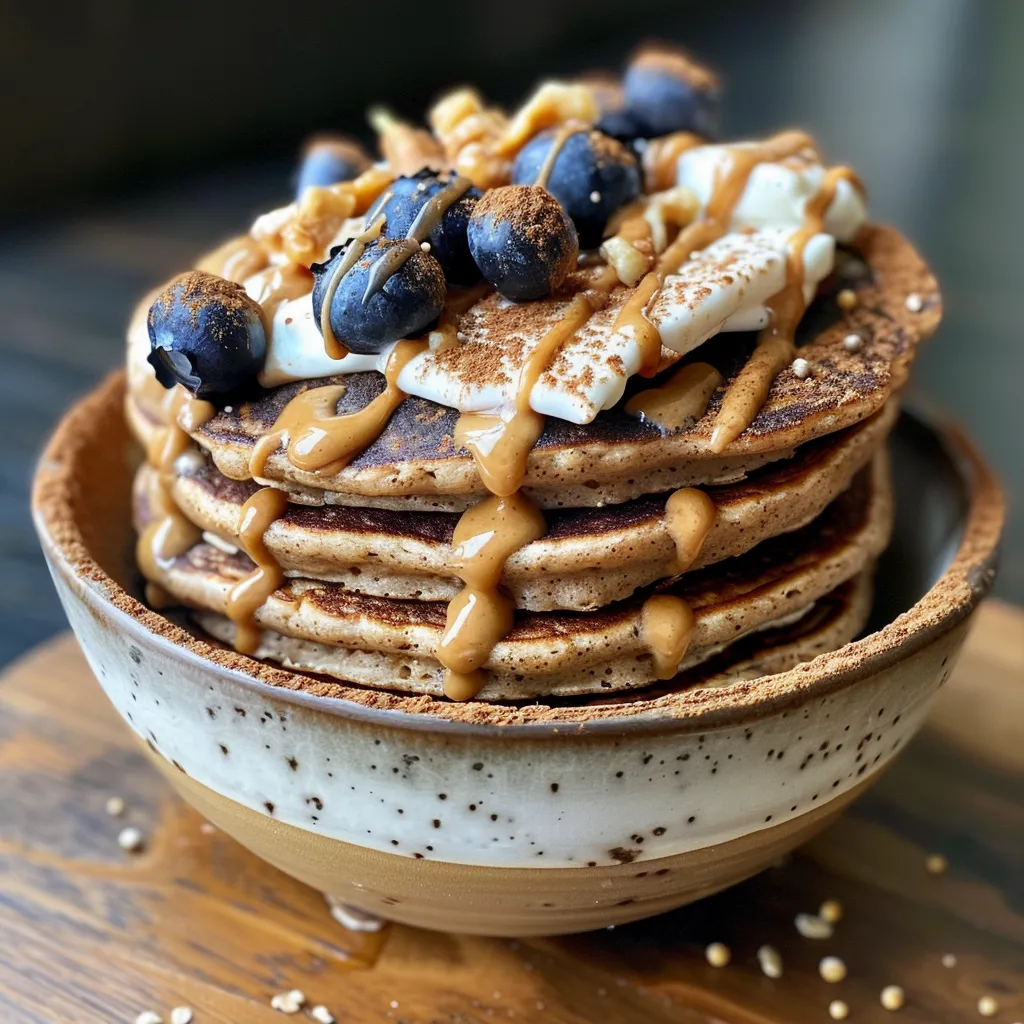Delicious looking pancake bowls filled with oats, protein powder, and fresh ingredients.